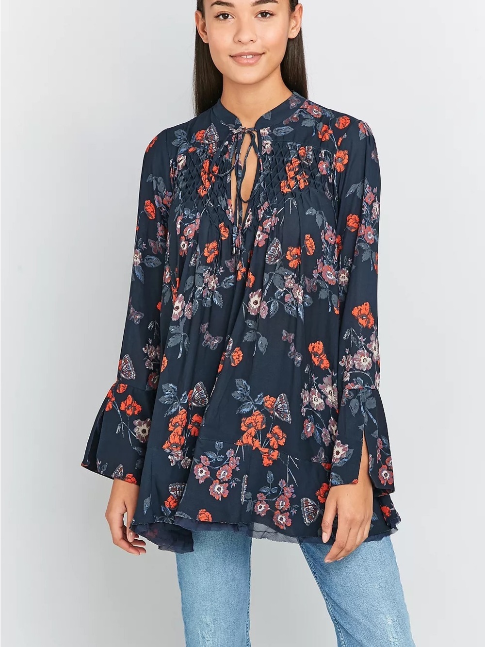 Free People So Fine Floral Smocked Crepe Top - Sz Large